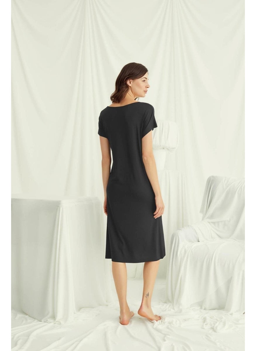 Monamise 18497 Women's V-Neck Short Sleeve Nightgown-Black  - Image 3