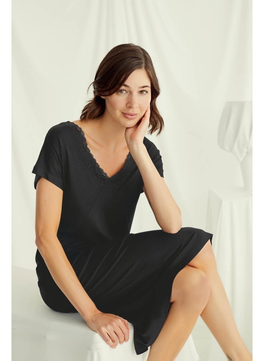 Monamise 18497 Women's V-Neck Short Sleeve Nightgown-Black  - Image 1