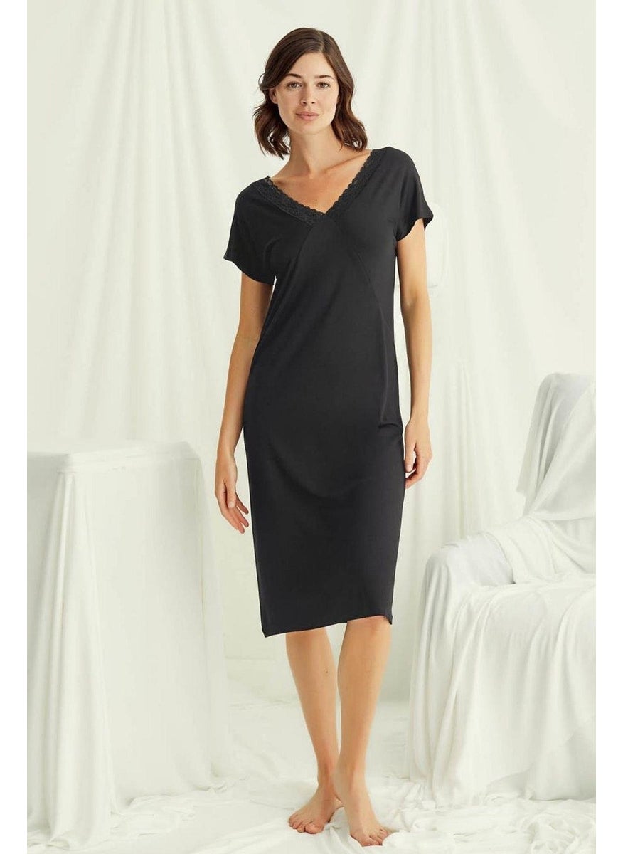 Monamise 18497 Women's V-Neck Short Sleeve Nightgown-Black  - Image 2