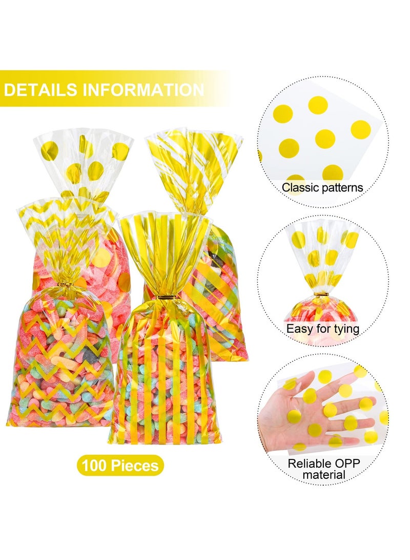 Zikra Candy Bags, 100 Pcs Gold Cellophane Plastic Bags, Polka Dot Stripes Printed Pattern Goodie Gift Bags with Twist Ties for Birthday, Baby Showers, Weddings Party Supplies - Image 2
