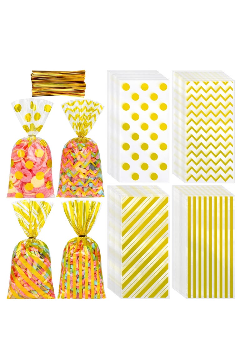 Zikra Candy Bags, 100 Pcs Gold Cellophane Plastic Bags, Polka Dot Stripes Printed Pattern Goodie Gift Bags with Twist Ties for Birthday, Baby Showers, Weddings Party Supplies - Image 1