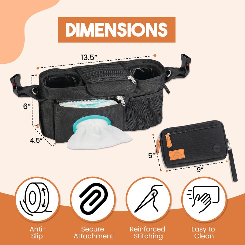 HAPPY PATH & CO. Stroller Organizer | Stroller Organizer with Cup Holder | Universal Stroller Organizer w/ Anti-Slip Straps to Fit Various strollers | Stroller Storage Bag | Walker Attachment to Carry Items - Image 2