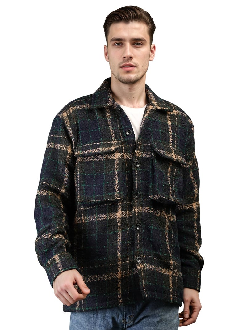 CHKOKKO Men’s Checkered Shacket Winter Wear – Stylish Collared Full Sleeve Shirt Jacket with Buttoned Closure, Warm Casual Outerwear | Trendy Design Waist Length for Men NVYBGECHK L - Image 1