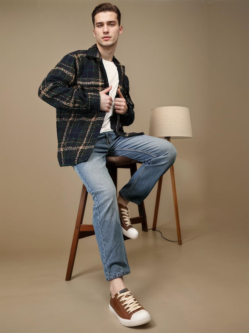 CHKOKKO Men’s Checkered Shacket Winter Wear – Stylish Collared Full Sleeve Shirt Jacket with Buttoned Closure, Warm Casual Outerwear | Trendy Design Waist Length for Men NVYBGECHK L - Image 5