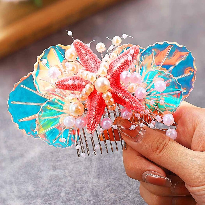 Mermaid Starfish Hair Comb Pearl Shell Hair Piece Beach Wedding Hair Accessories for Women Pink