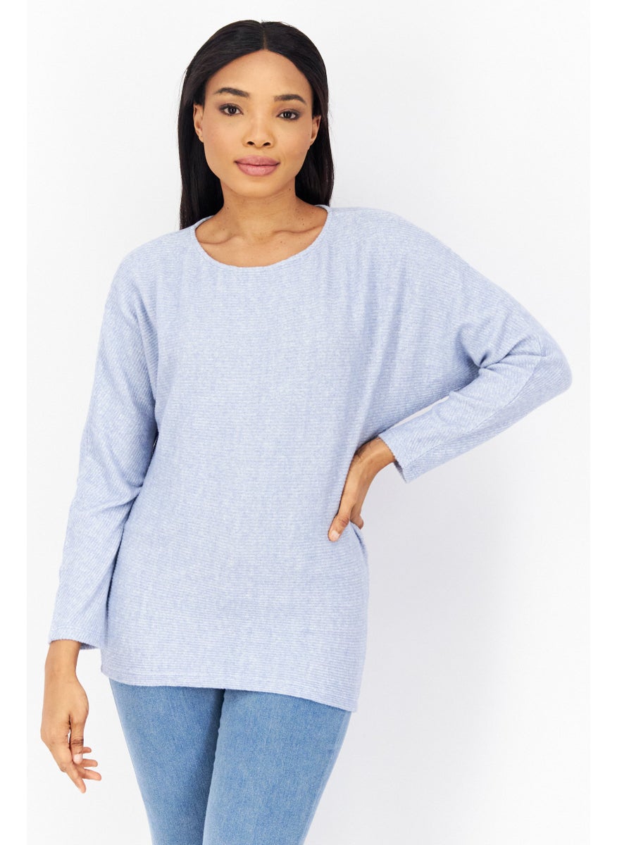 Zero - Women Round Neck Knitted Sweater, Blue - Image 1