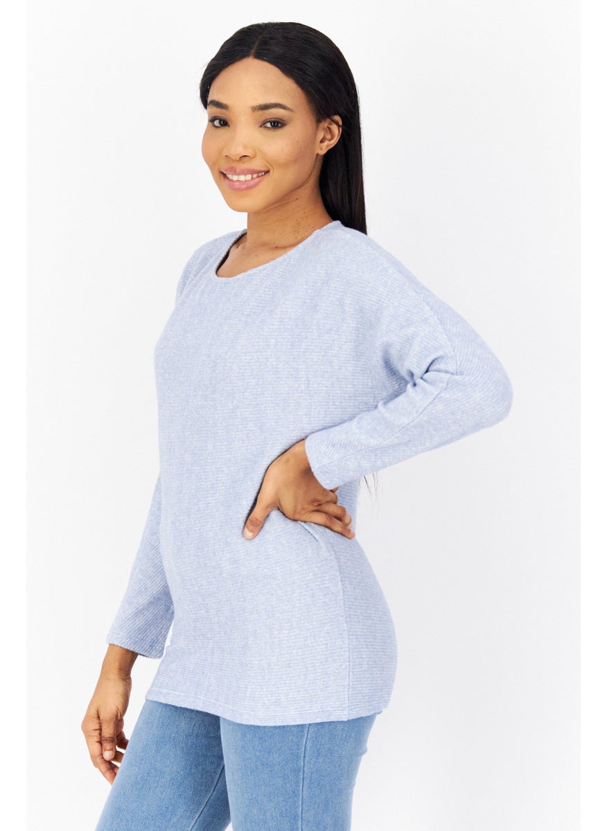 Zero - Women Round Neck Knitted Sweater, Blue - Image 1