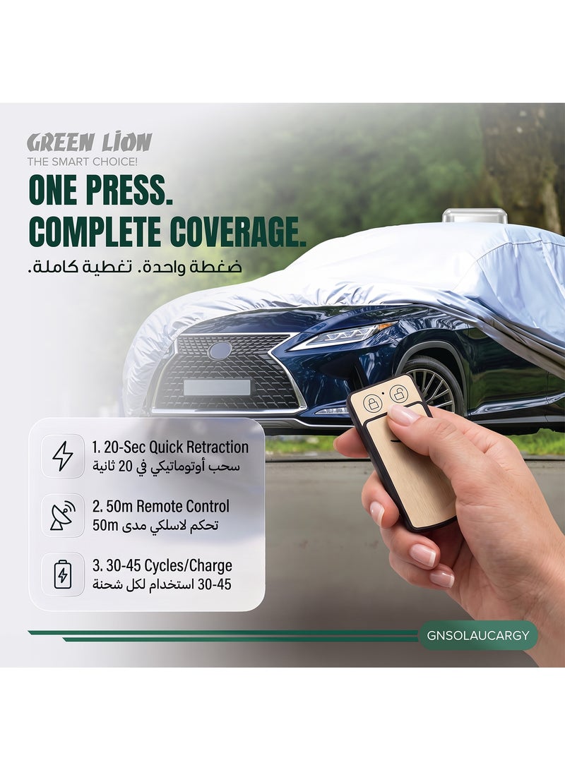 GREEN LION Solar Auto Car Cover Universal, 33W Automatic Retractable Sun & Rain Protection, 3000mAh Battery, Solar & DC Charging, Remote Control, Anti-Theft Alarm, Heavy-Duty Suction Cups, Locking Straps, Emergency Power Bank, Waterproof Fabric - Image 3