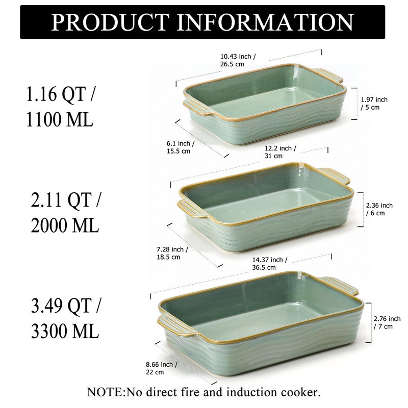 Jemirry Ceramic Baking Dish Set of 3, Casserole Dishes for Oven, Square Porcelain Bakeware Set with Handles, Lasagna Baking Pan for Cooking, Perfect for Baking and Serving, Housewarming, Halloween, Thanksgiving, Christmas, New Year- Green - Image 4
