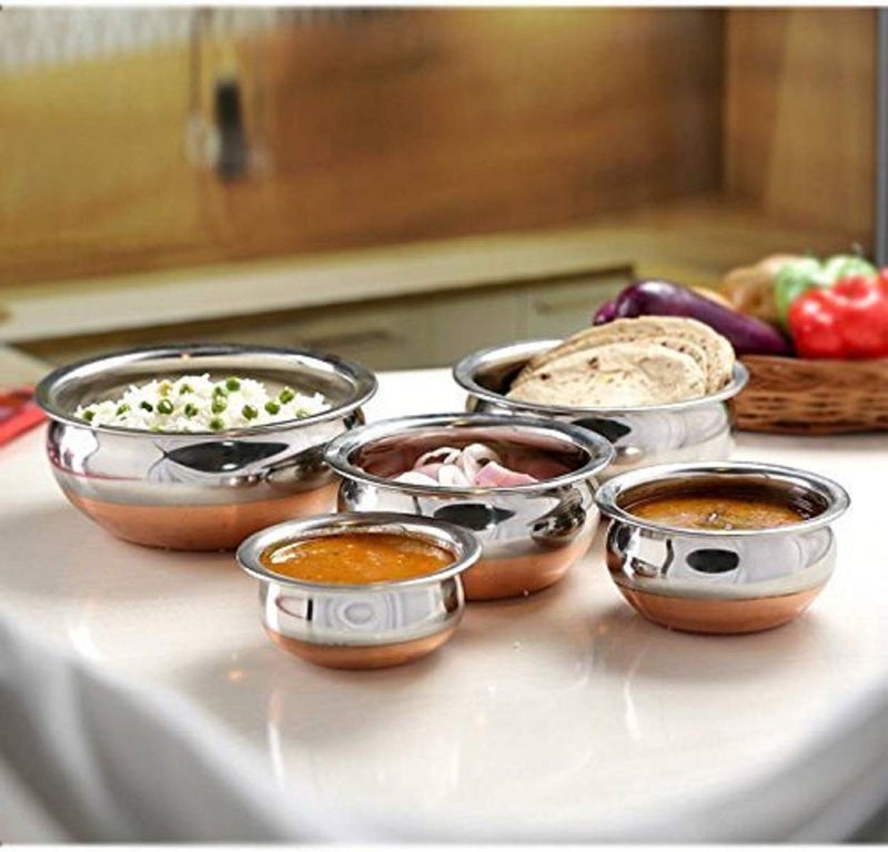 SVShoperzone Serving Handi 5 Pcs. Set - Solid Copper Bottom 400ml, 700ml, 1000ml, 1200 ml, 1500 ml. Stainless Steel Cooking Pot Biryani Punjabi Kitchen Serving, Bowl (5-Pieces) - Image 4