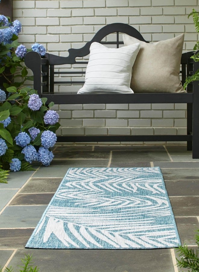 يونيك لوم سجادة منطقة خارجية من مجموعة يونيك لوم النباتية - نخيل (2 قدم × 6 قدم 1 بوصة، لون أزرق فاتح/ عاجي) - Image 2