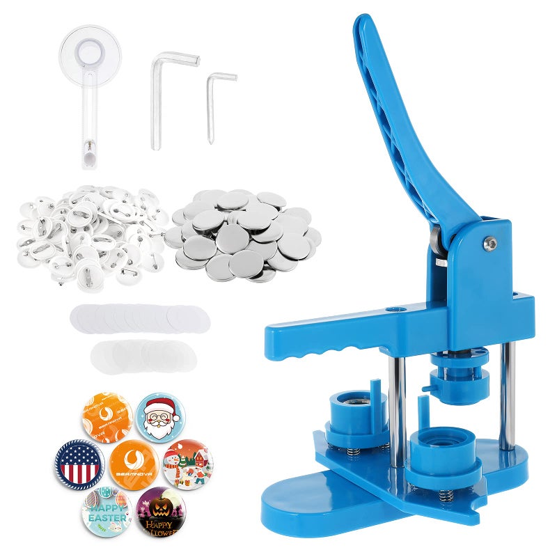 BEAMNOVA 25mm 098 in About 1 Inch Button Maker Machine Round Pin Maker Kit Rotary Style with 200 Button Parts Supplies Blue