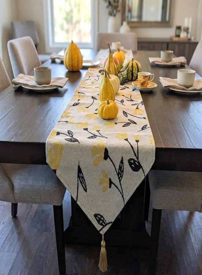 DaDa Bedding Elegant Botanical Floral Tapestry Table Runner - Spring Time Yellow Fleur Golden Orange Garden Flowers Design - Cotton Linen Woven Tea Time Kitchen Dining Mats - 13" x 90" - Image 3