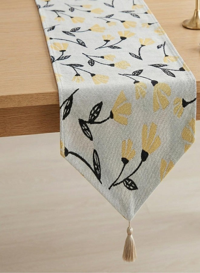 DaDa Bedding Elegant Botanical Floral Tapestry Table Runner - Spring Time Yellow Fleur Golden Orange Garden Flowers Design - Cotton Linen Woven Tea Time Kitchen Dining Mats - 13" x 90" - Image 1