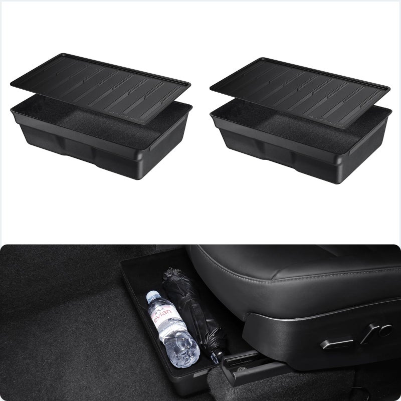 BASENOR 2Pack Tesla Model Y Under Seat Storage Box, Waterproof Hidden Storage Underseat Organizer with Lid Cover Tray for 2020-2024 Model Y Accessories - Image 1
