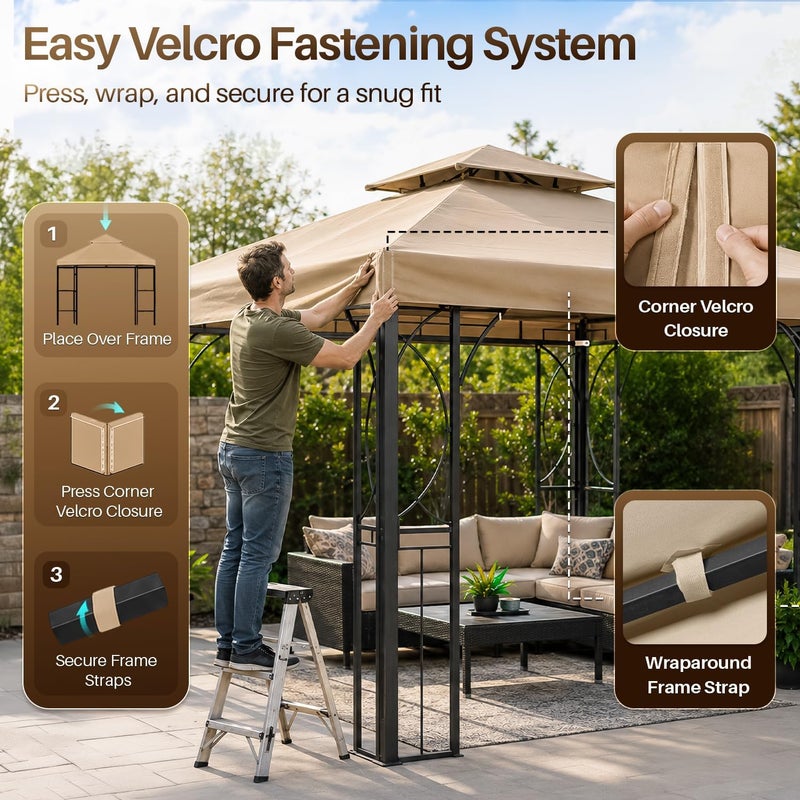 Flexzion 10'x10' Gazebo Replacement Canopy Top Cover (Beige) - Dual Tier with Plain Edge Polyester UV30 Water Resistant for Outdoor Garden Patio Pavilion Sun Shade - Image 4