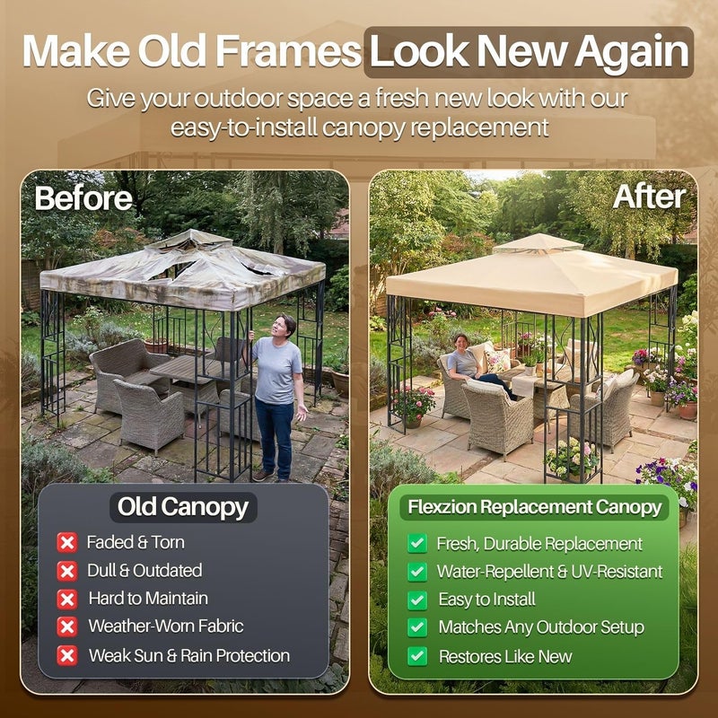 Flexzion 10'x10' Gazebo Replacement Canopy Top Cover (Beige) - Dual Tier with Plain Edge Polyester UV30 Water Resistant for Outdoor Garden Patio Pavilion Sun Shade - Image 3