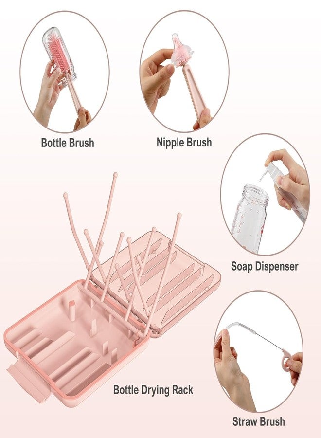 Onomie 6 in 1 Baby Bottle Cleaner Set with Drying Rack,Silicone Baby Bottle,Straw Brush,Nipple Brush,Soap Dispenser and Storage Box, Portable Essentials for Home&Travel (Pink) - Image 3