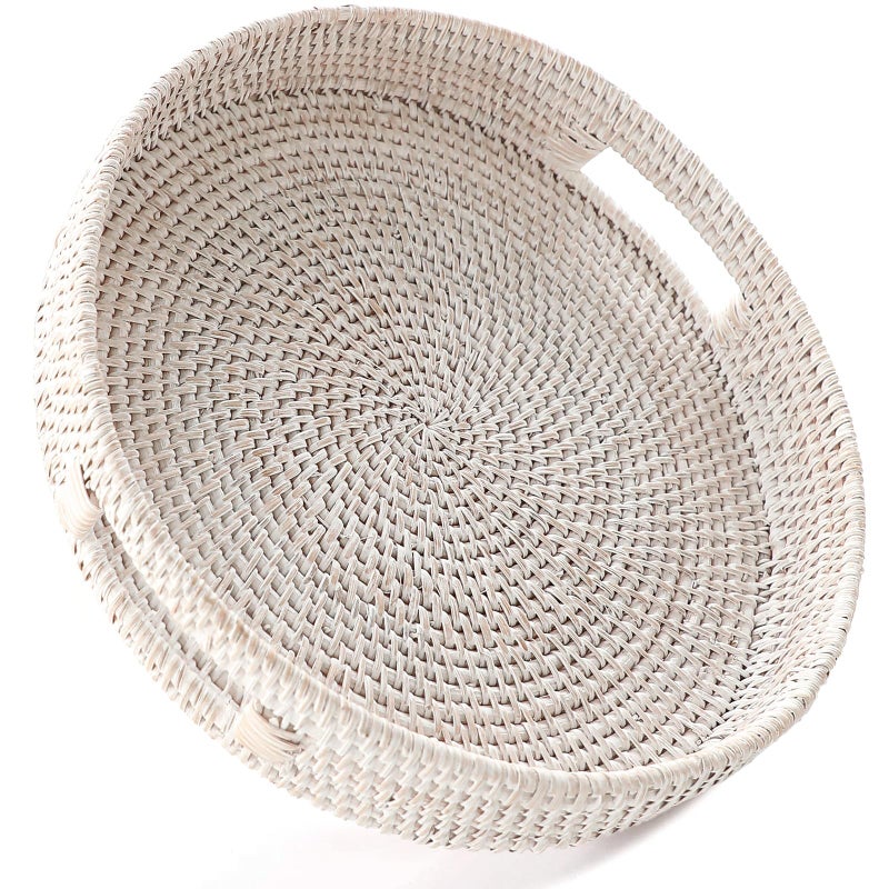 HITOMEN 142 HandWoven Round Rattan Serving Tray Decorative Ottoman Wicker Platter with Handles for Coffee Table Breakfast Drinks Snack Bread Fruit Vegetables WhitewashL