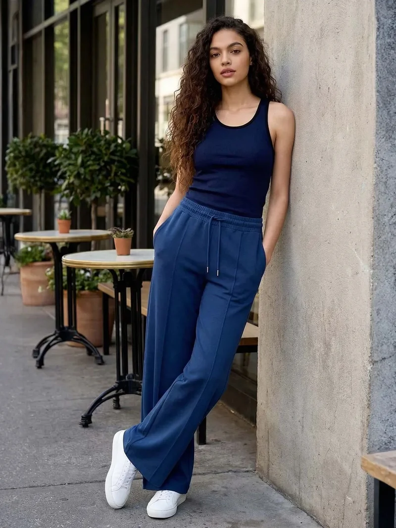 تومي لايف TOMMY Textured Wide Leg Palazzo Pants with Drawstring Waist