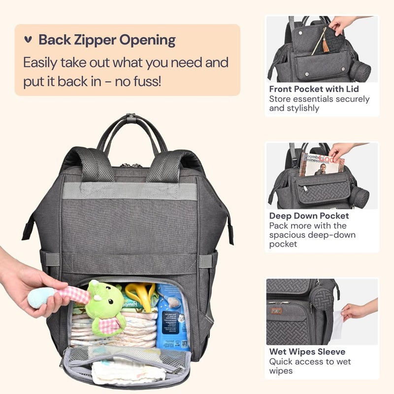 BabbleRoo Diaper Bag Backpack, Multifunction Large Bags with Changing Pad & Stroller Straps & Pacifier Case, Unisex Stylish Travel Back Pack Nappy Changing Bag for Moms Dads (Dark Gray) - Image 4