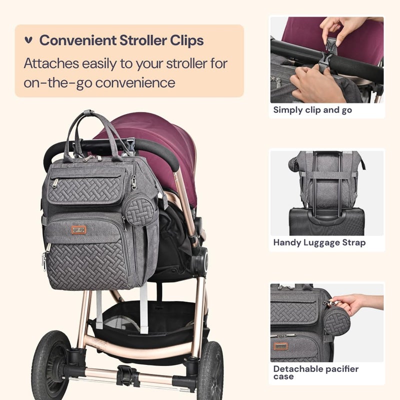 BabbleRoo Diaper Bag Backpack, Multifunction Large Bags with Changing Pad & Stroller Straps & Pacifier Case, Unisex Stylish Travel Back Pack Nappy Changing Bag for Moms Dads (Dark Gray) - Image 5