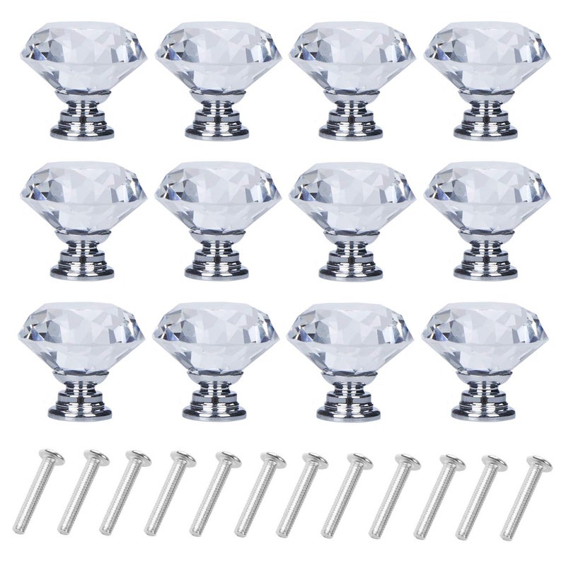 YourGift 12 Pack Drawer Knobs Diamond Shaped Crystal Glass 30mm Cabinet Knobs Pull Handles Silver