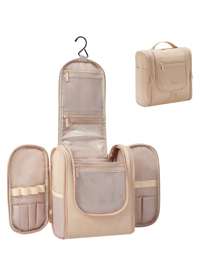 Hanging Travel Toiletry Bag with Waterproof Hook, Large Capacity Portable Organizer for Men & Women, Multi-Compartment Easy-Clean Bathroom Bag, Beige - Image 1