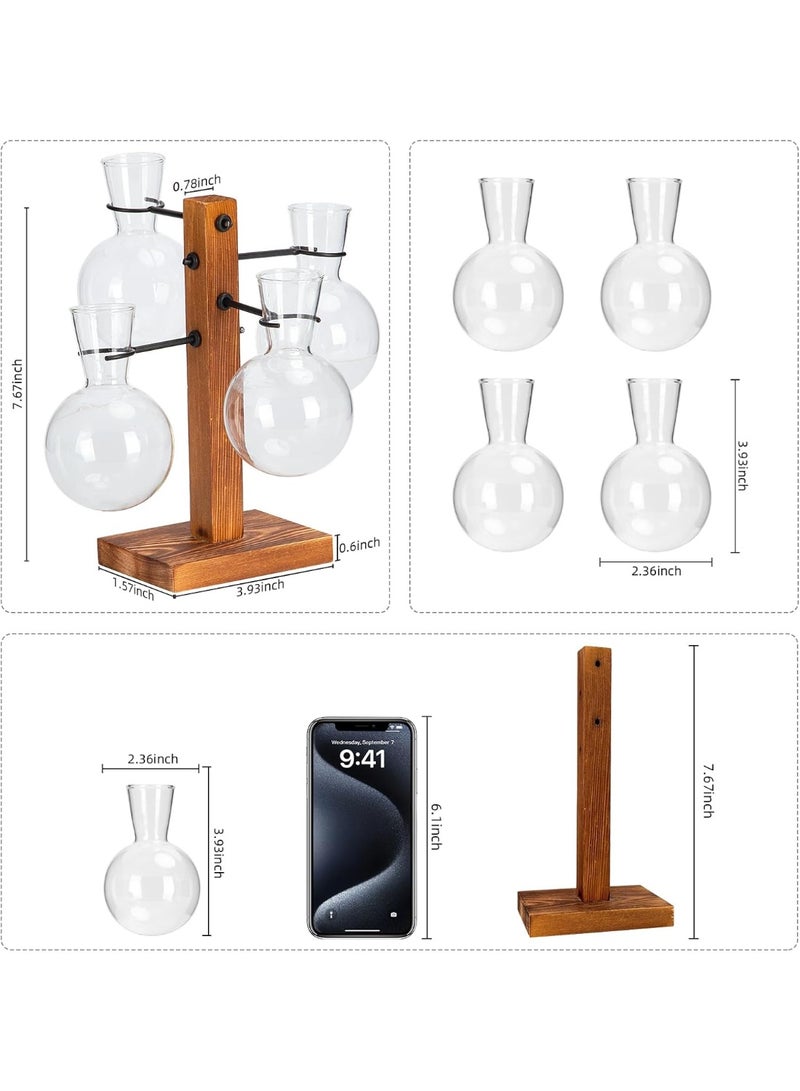 يوقليف محطة إكثار النباتات مع حامل خشبي، مزهريات إكثار للنباتات، طقم تررم للمنزل والمكتب وديكور الحديقة، هدايا لمحبي النباتات - مزهريات زجاجية بأربعة مصابيح - Image 2