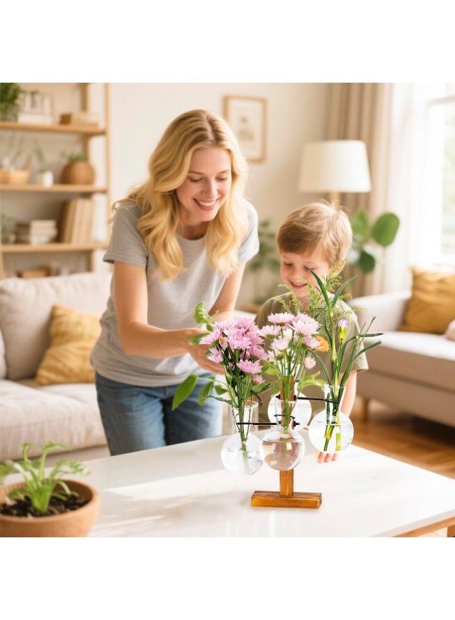 يوقليف محطة إكثار النباتات مع حامل خشبي، مزهريات إكثار للنباتات، طقم تررم للمنزل والمكتب وديكور الحديقة، هدايا لمحبي النباتات - مزهريات زجاجية بأربعة مصابيح - Image 4