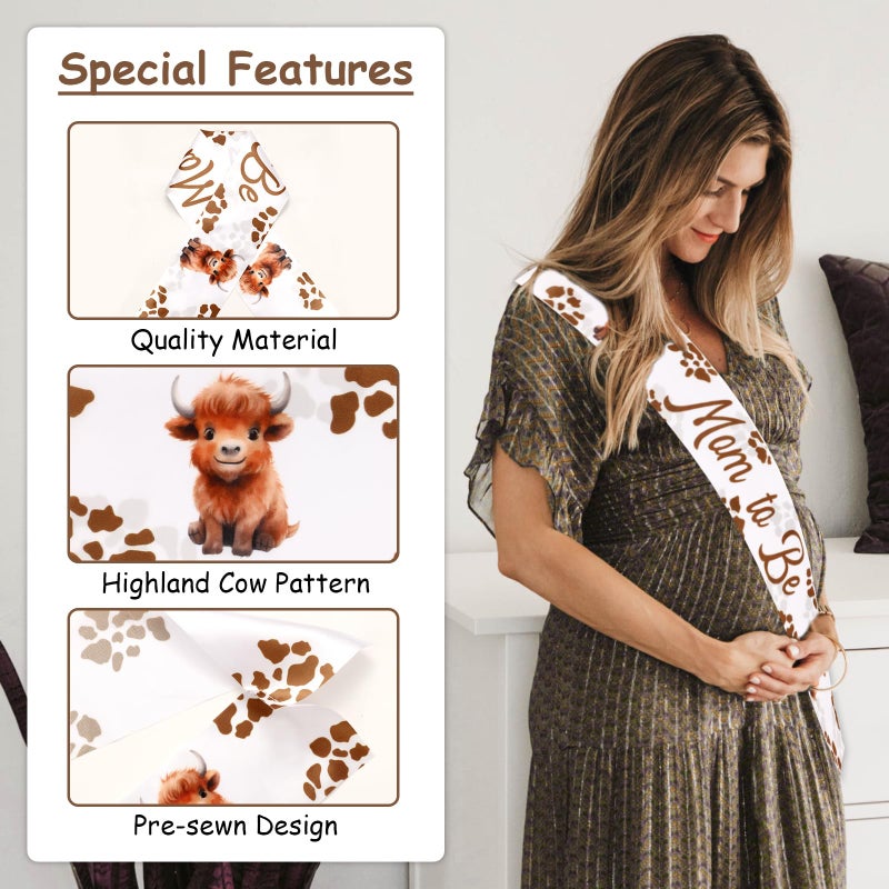Serencatcher Highland Cow Mom to Be Sash, Highland Cow Baby Shower Favors Include Brown Mom Dad to Be Pin Sash Flower Crown Headband for Western Cowgirl Cowboy Gender Reveals Party Pregnancy Props - Image 4