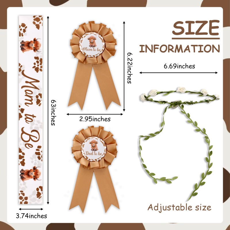 Serencatcher Highland Cow Mom to Be Sash, Highland Cow Baby Shower Favors Include Brown Mom Dad to Be Pin Sash Flower Crown Headband for Western Cowgirl Cowboy Gender Reveals Party Pregnancy Props - Image 2