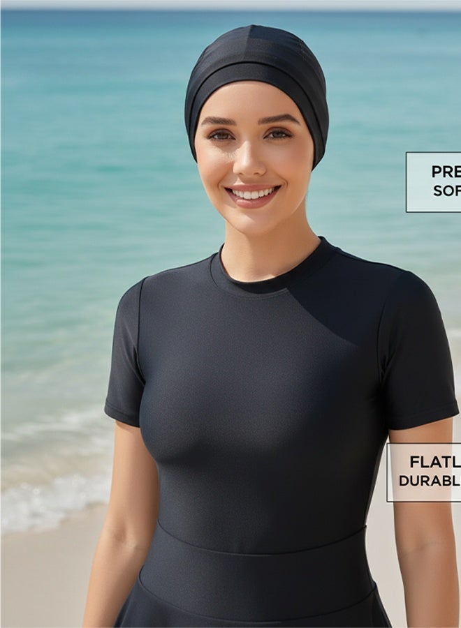 GONEO Two-piece Solid Color Conservative Swimsuit Women Summer Long Sleeved Trousers Full Coverage Sunscreen Swimwear Quick-drying Beachwear Black - Image 5