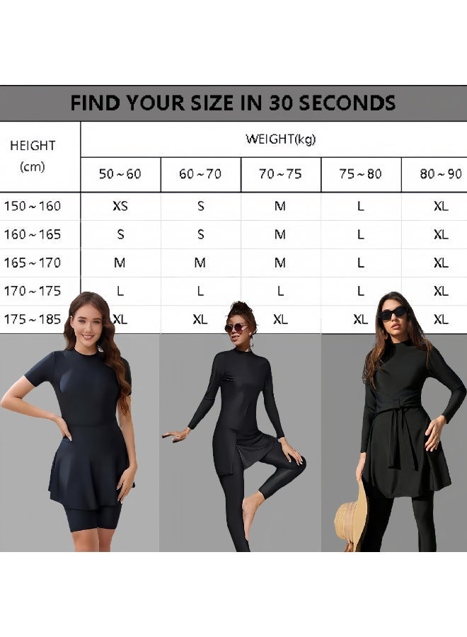 GONEO Two-piece Solid Color Conservative Swimsuit Women Summer Long Sleeved Trousers Full Coverage Sunscreen Swimwear Quick-drying Beachwear Black - Image 4