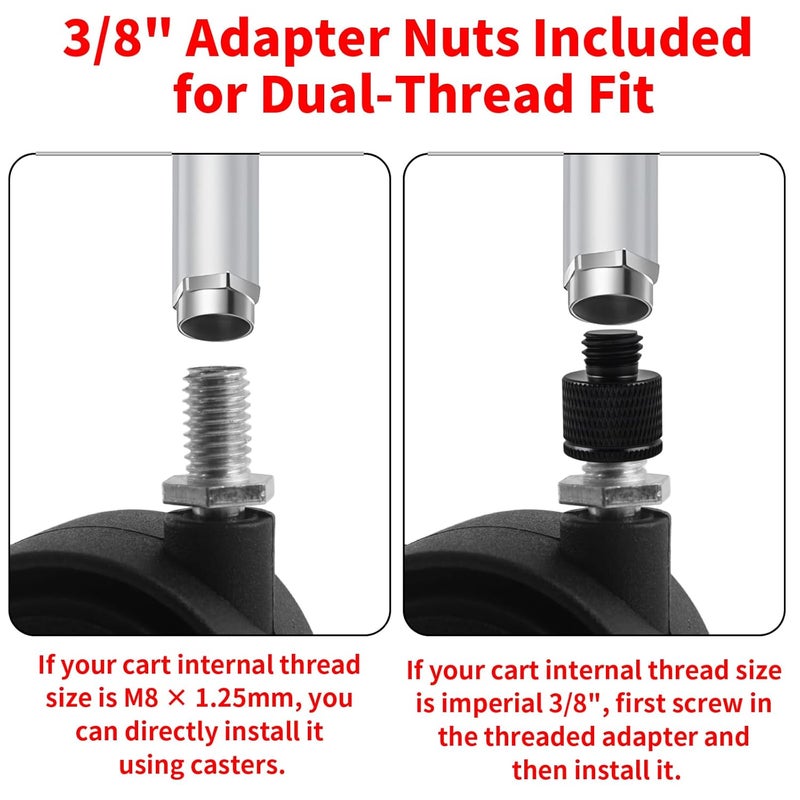 HOWDIA 4 Pcs M8×1.25 Thread (with 3/8 Adapter Nuts) 1.5" Swivel Caster Wheels with Brake, Light-Duty Casters Replacement for Carts/Small Furniture, Fits Metric M8 & Imperial 3/8, (30kg Total, 4-Pack) - Image 3