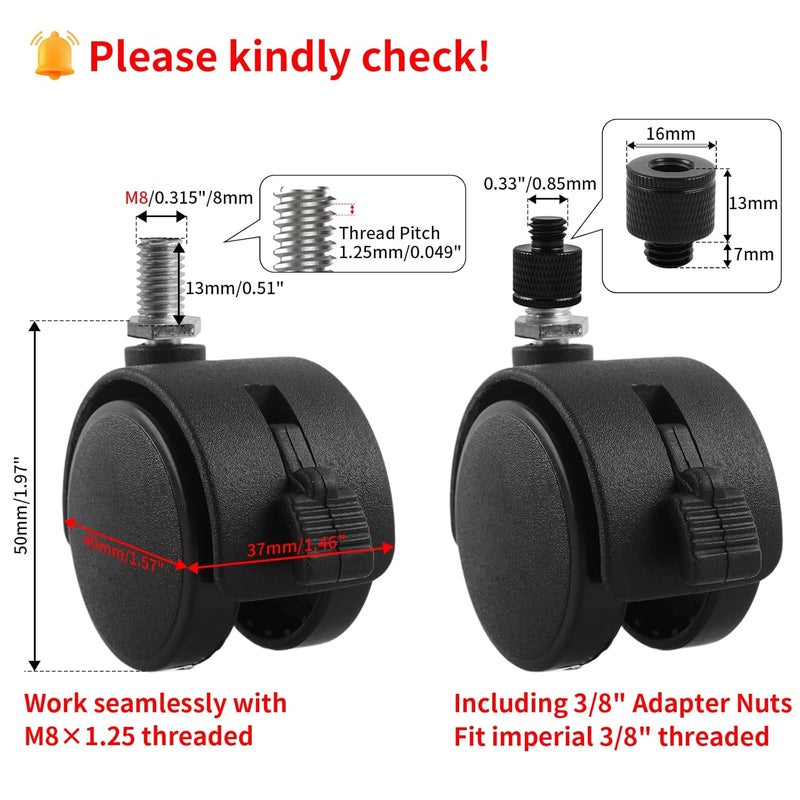 HOWDIA 4 Pcs M8×1.25 Thread (with 3/8 Adapter Nuts) 1.5" Swivel Caster Wheels with Brake, Light-Duty Casters Replacement for Carts/Small Furniture, Fits Metric M8 & Imperial 3/8, (30kg Total, 4-Pack) - Image 2
