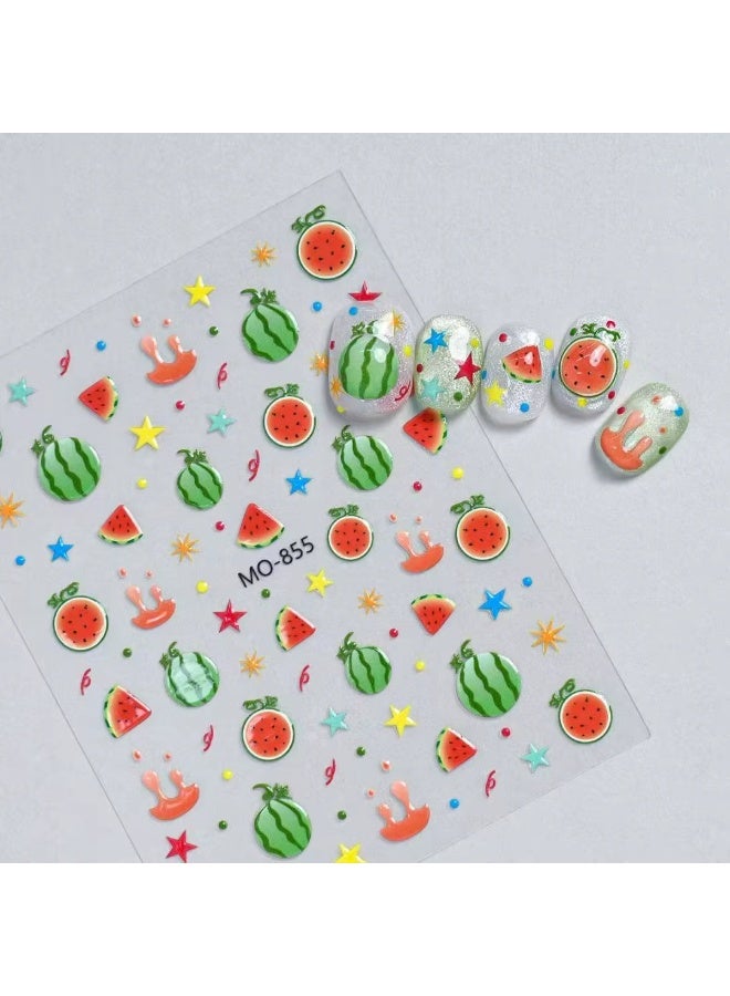 Fruit Nail Stickers – 3D Summer Fruit Nail Art Stickers | Self-Adhesive Colorful Strawberry, Watermelon, Cherry & Mixed Fruit Nail Decals for DIY Manicure | Nail Decorations for Gel, Acrylic & Natural Nails