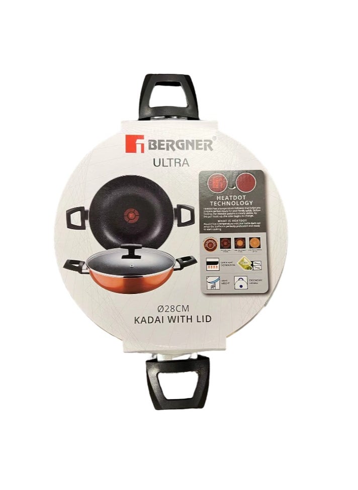 BERGNER ULTRA PRESSED ALUMINUM KADAI+ LID 28X8 CM WITH HEAT DOT TECHNOLOGY, INDUCTION BOTTOM, METALIC ORANGE COLOR, BG31315OR  - Image 4