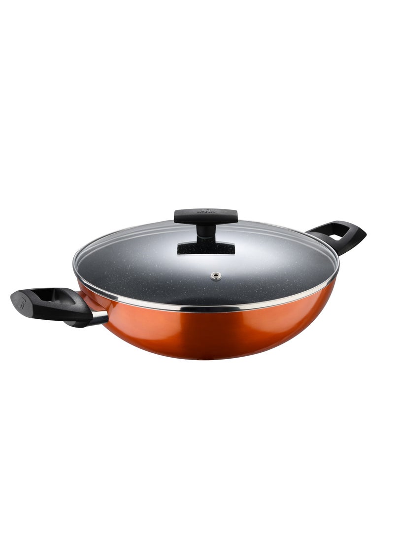 BERGNER ULTRA PRESSED ALUMINUM KADAI+ LID 28X8 CM WITH HEAT DOT TECHNOLOGY, INDUCTION BOTTOM, METALIC ORANGE COLOR, BG31315OR  - Image 1