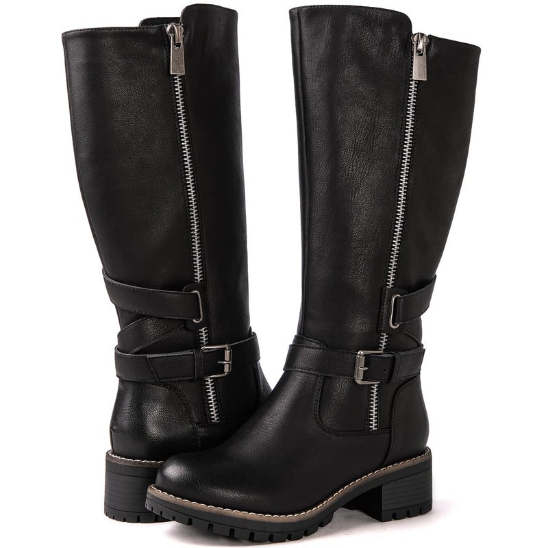 GLOBALWIN Womenâ€™s Black Knee-High Riding Boots Tall Fashion Boots with Chunky Low Heel & Side Zipper Everyday Wear Casual Boots For Women Size 10M - Image 1