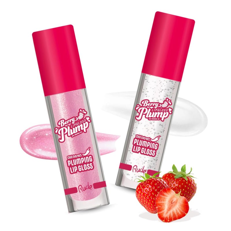 RUDE Cosmetics Berry Plump Lip Plumper Set, Plumping Lip Gloss for Women, Hydrating Cute Lipgloss Plump with Hyaluronic Acid, Shea Butter, Vitamin E & Chili Extract, Vegan, Pink Sugar & Clear