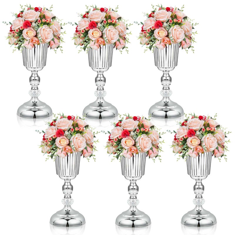 kolnlala 11.6 inches Metal Wedding Flower Trumpet Stripe Vases Table Centerpieces for Artificial Flower,Arrangements Anniversary Celebration/Wedding/Party/Birthday Event Aisle Home Decor (Silver, 6pcs) - Image 1