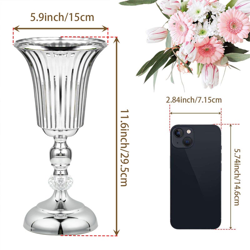 kolnlala 11.6 inches Metal Wedding Flower Trumpet Stripe Vases Table Centerpieces for Artificial Flower,Arrangements Anniversary Celebration/Wedding/Party/Birthday Event Aisle Home Decor (Silver, 6pcs) - Image 3