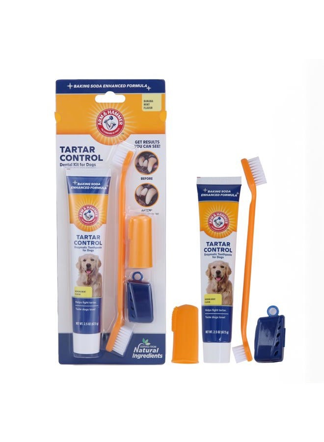Arm & Hammer طقم التحكم في الجير للحيوانات الأليفة للكلاب يحتوي على معجون أسنان، فرشاة أسنان وفرشاة أصابع يقلل من تراكم البلاك والجير، طقم مكون من 3 قطع، بنكهة الموز والنعناع (عبوة من 1) - Image 1