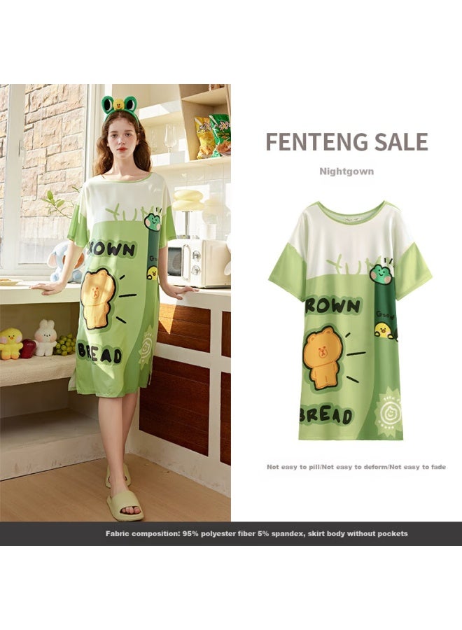 Fenton Fenteng Cartoon Cute Nightgown Women's Summer Thin Cotton Casual Pajamas All Cotton Women's Dress Fruit Green S - Image 1