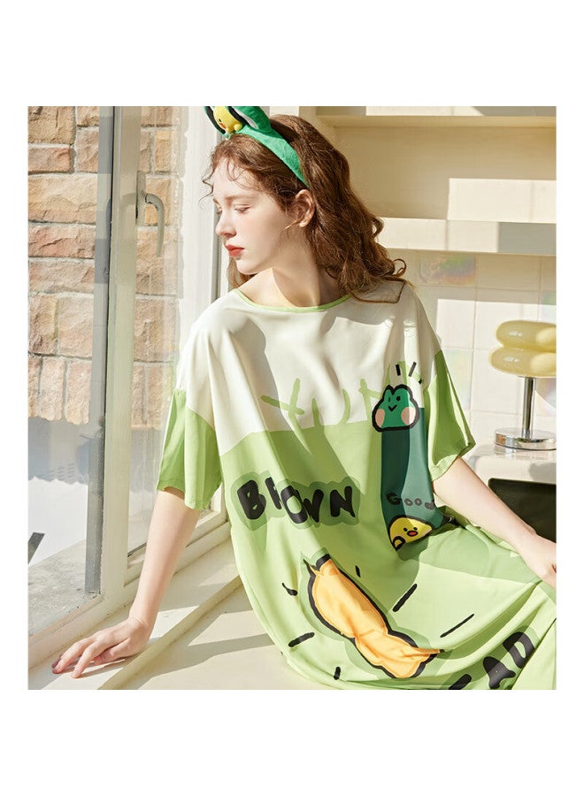 Fenton Fenteng Cartoon Cute Nightgown Women's Summer Thin Cotton Casual Pajamas All Cotton Women's Dress Fruit Green S - Image 5