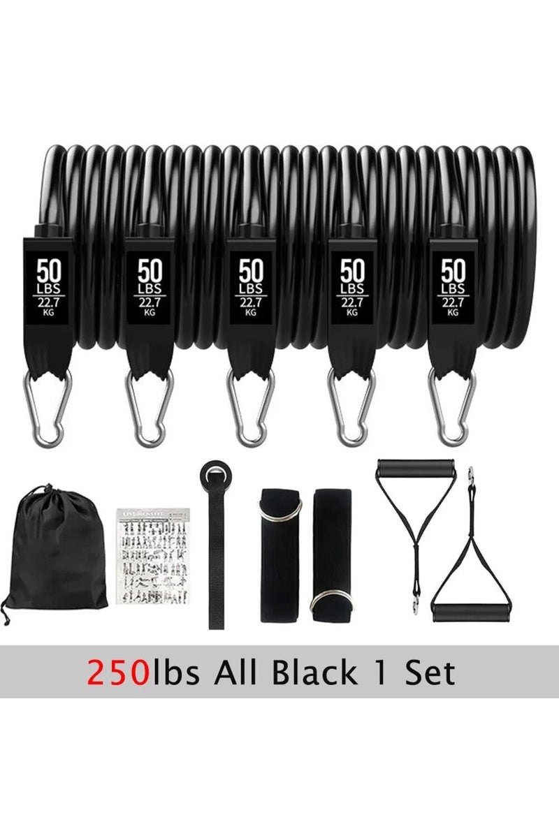 مجموعة أحزمة مقاومة سوداء بالكامل بوزن 250 رطلاً، حبل سحب وشد للرجال والنساء، أحزمة تمارين رياضية للياقة البدنية
