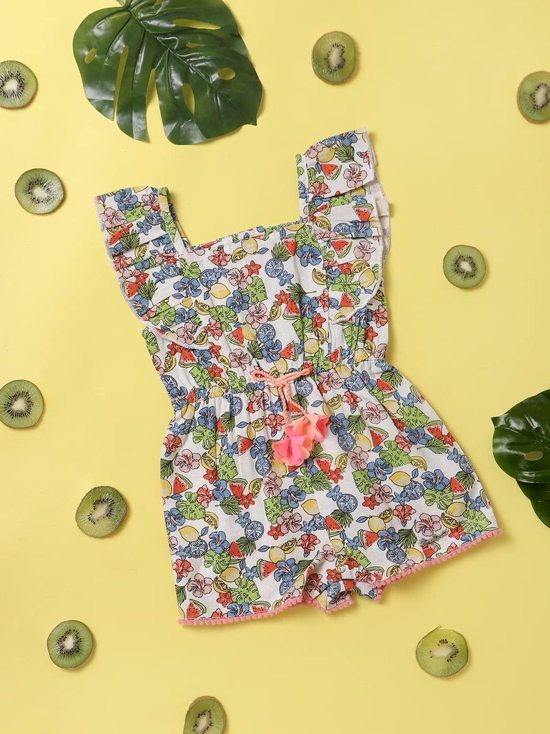 Nautinati Girls Printed Strap Sleeve Jumpsuit with Waist Tie Up | Rayon | Age 0-3 Years Multicolour - Image 2