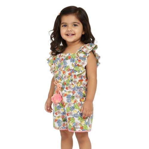 Nautinati Girls Printed Strap Sleeve Jumpsuit with Waist Tie Up | Rayon | Age 0-3 Years Multicolour - Image 1