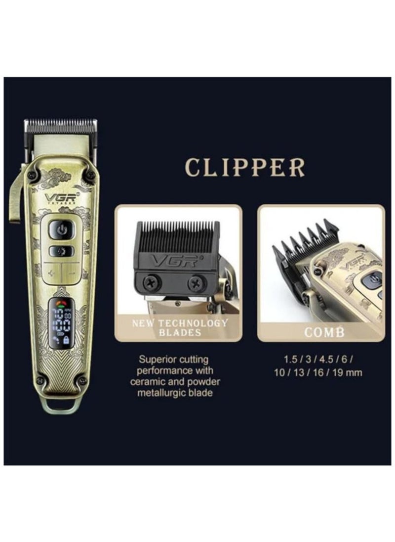 Generic - VGR V-643 Premium Metal Hair Clipper with Metal Blade, 5500-7000 RPM Digital Display, 4 Speed ​​Motor, Auto Test Button, 12 Guide Combs and T-Trim - Image 1